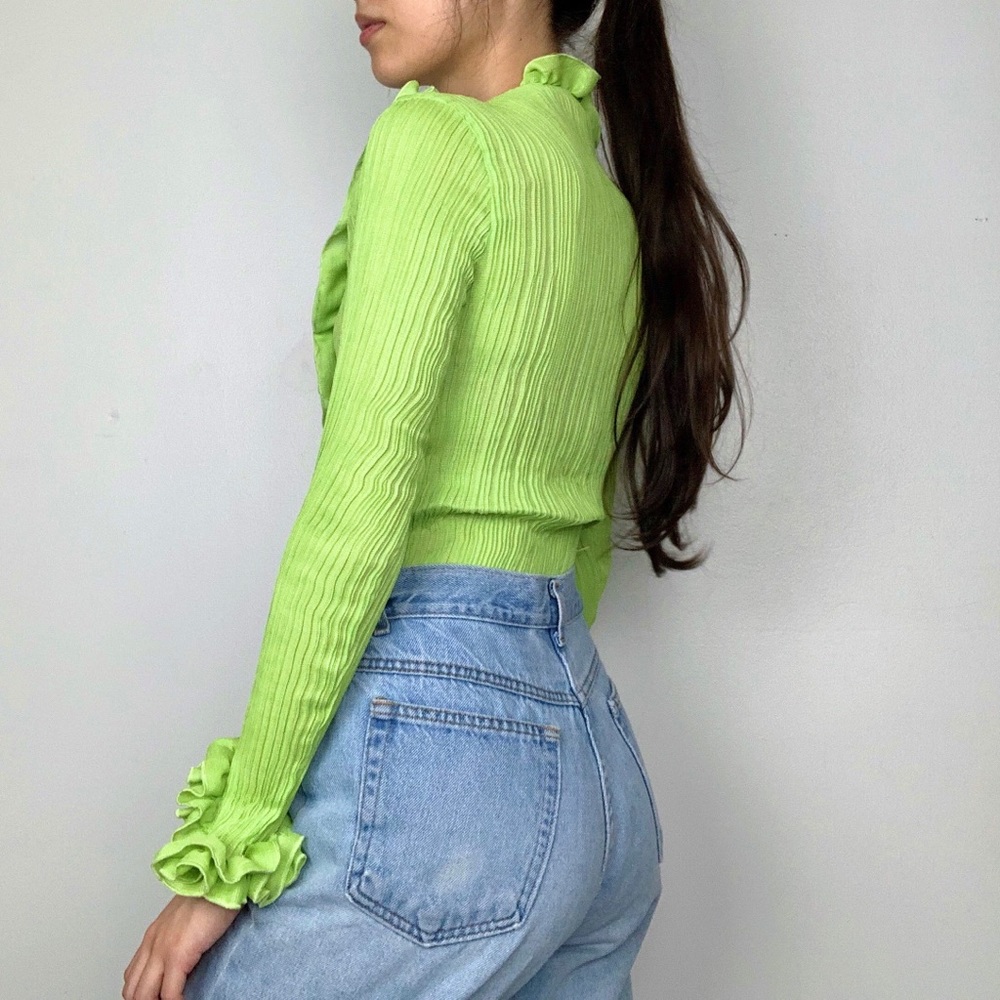 Vintage 90s lime green ruffle blouse top - Picture 5 of 10